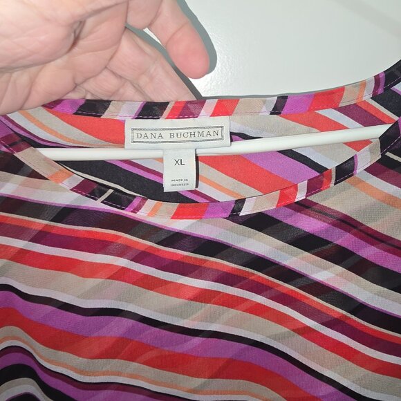 Dana Buchman Blouse Red Purple Black Tan Sheer Top Wrap Layered Size XL - Picture 6 of 6